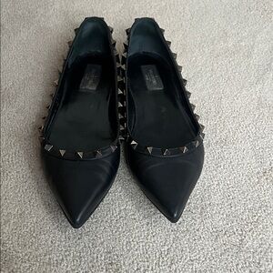 Valentino Black Pointed Rockstud Leather Flats
